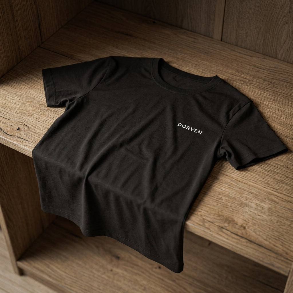 DORVEN Essential T-Shirt Schwarz – Flat-Lay auf Holz

